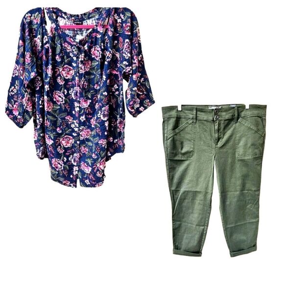 Torrid plus size floral cold shoulder top with olive twill aviator crop jean set - Picture 2 of 16